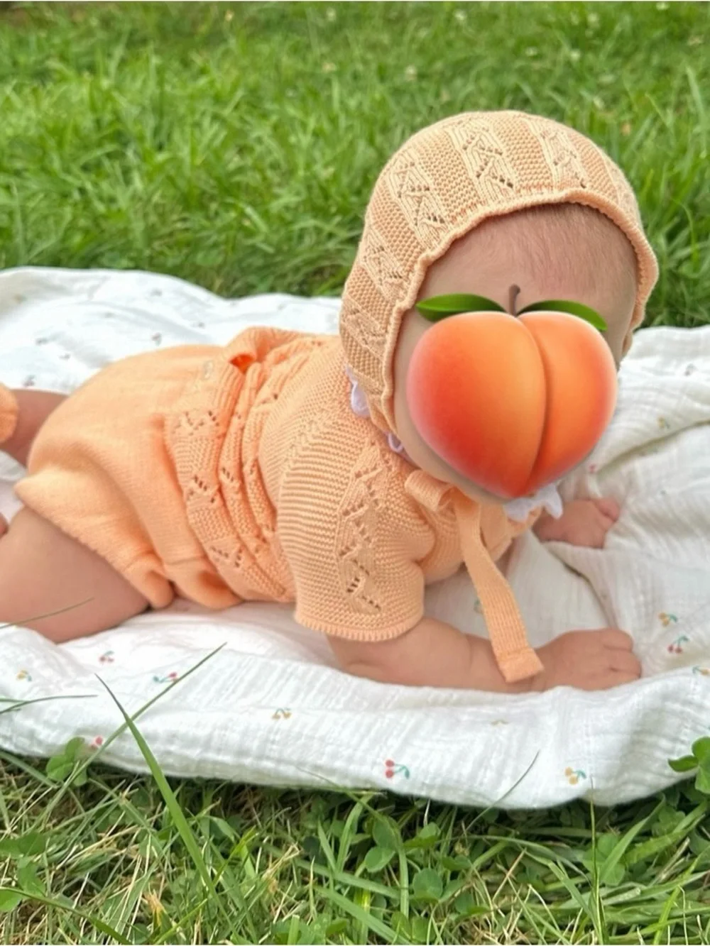 Peach Knit Baby Set - Top, Bonnet, Booties & Bloomers